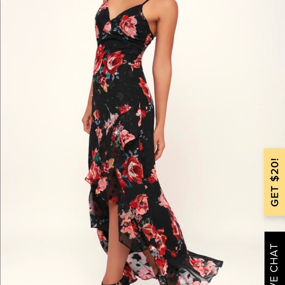 LuLu’s Love Stuck Black Floral Print Ruffled Dress